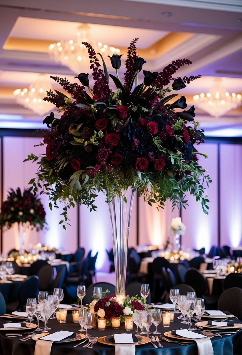 A grand black and burgundy floral arrangement stands as the dramatic centerpiece at a luxurious wedding reception