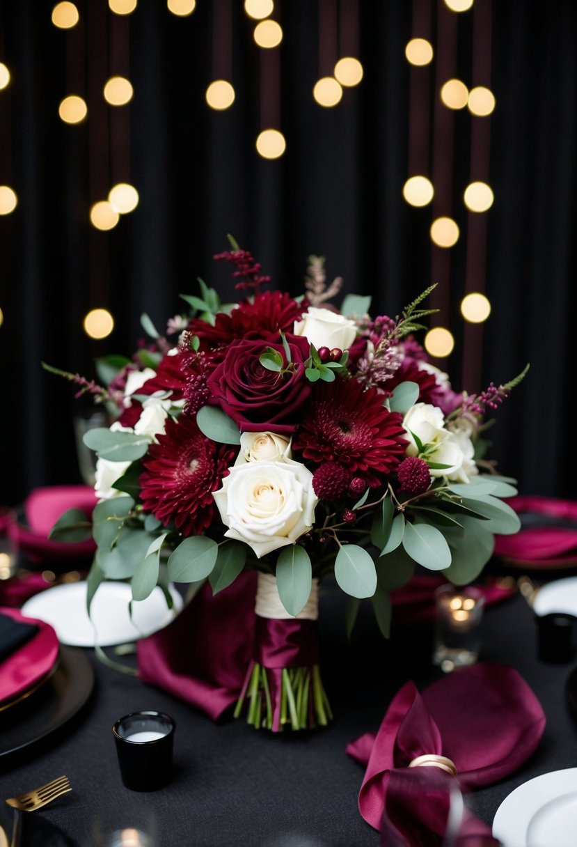 A burgundy bridal bouquet surrounded by black and burgundy wedding decor