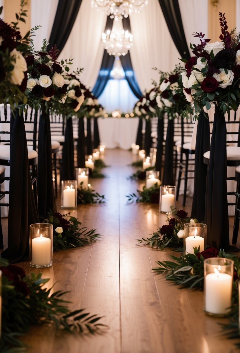 Aisle lined with black and burgundy floral arrangements, candles, and drapery, creating a romantic and elegant atmosphere for a wedding