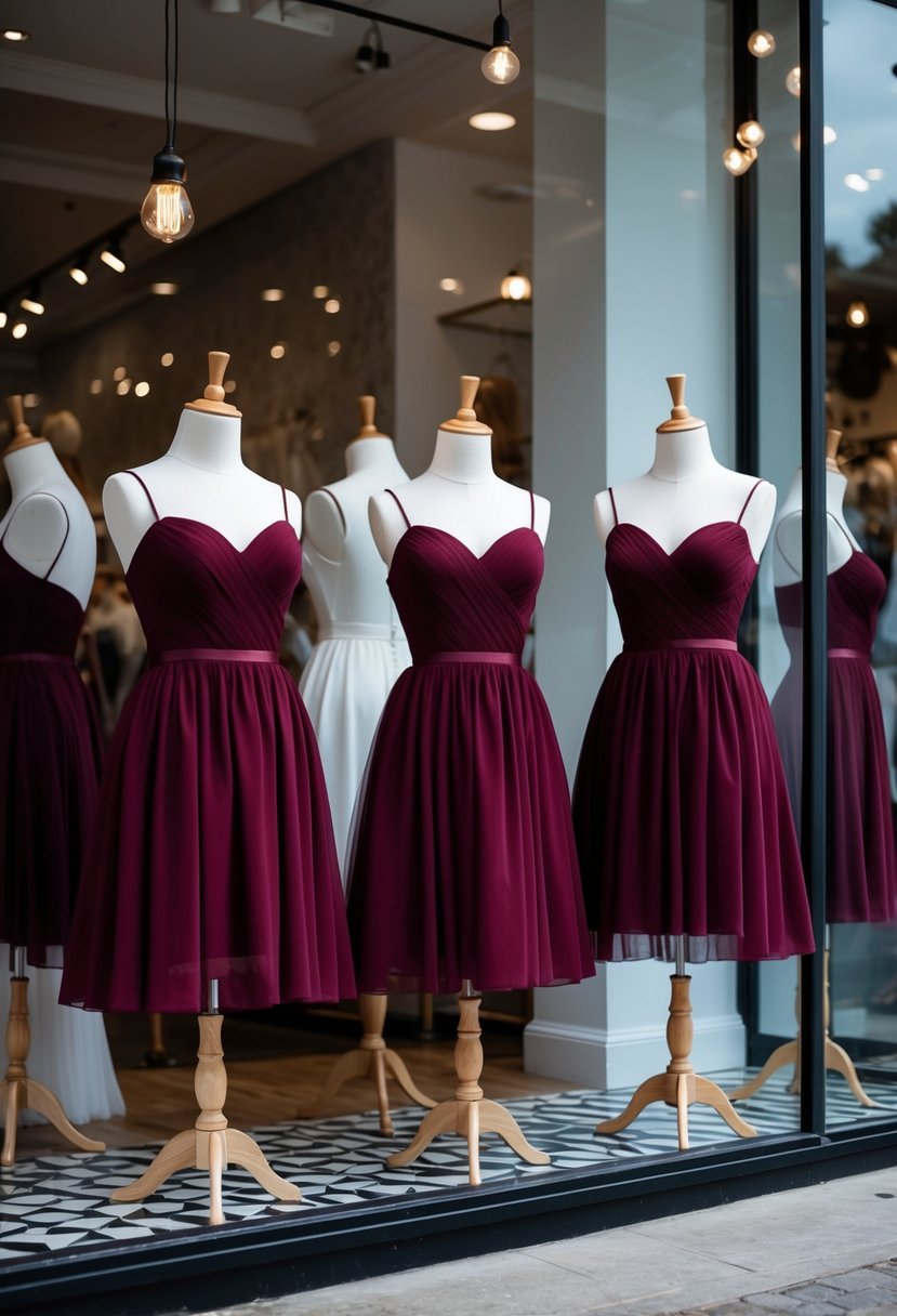 A group of mannequins wearing burgundy bridesmaid dresses in a chic boutique window display