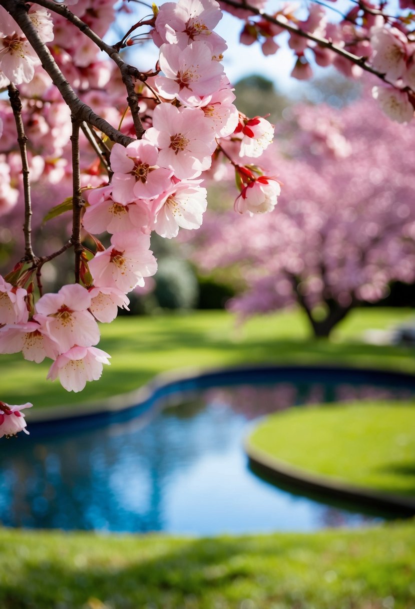 A serene garden with pink cherry blossoms and a blue pond