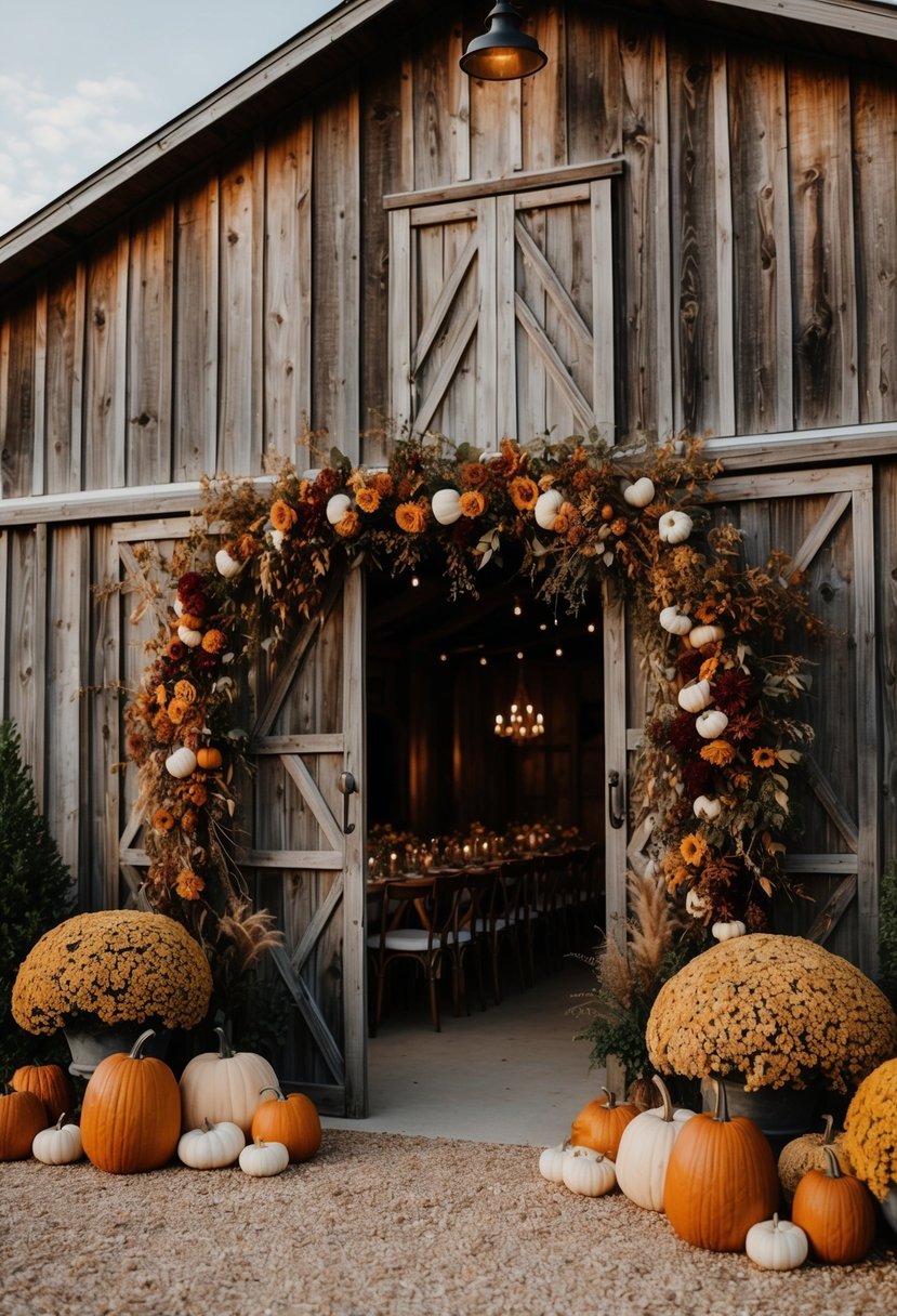 A rustic barn adorned with fall foliage, pumpkins, and warm-toned flowers for a cozy fall wedding