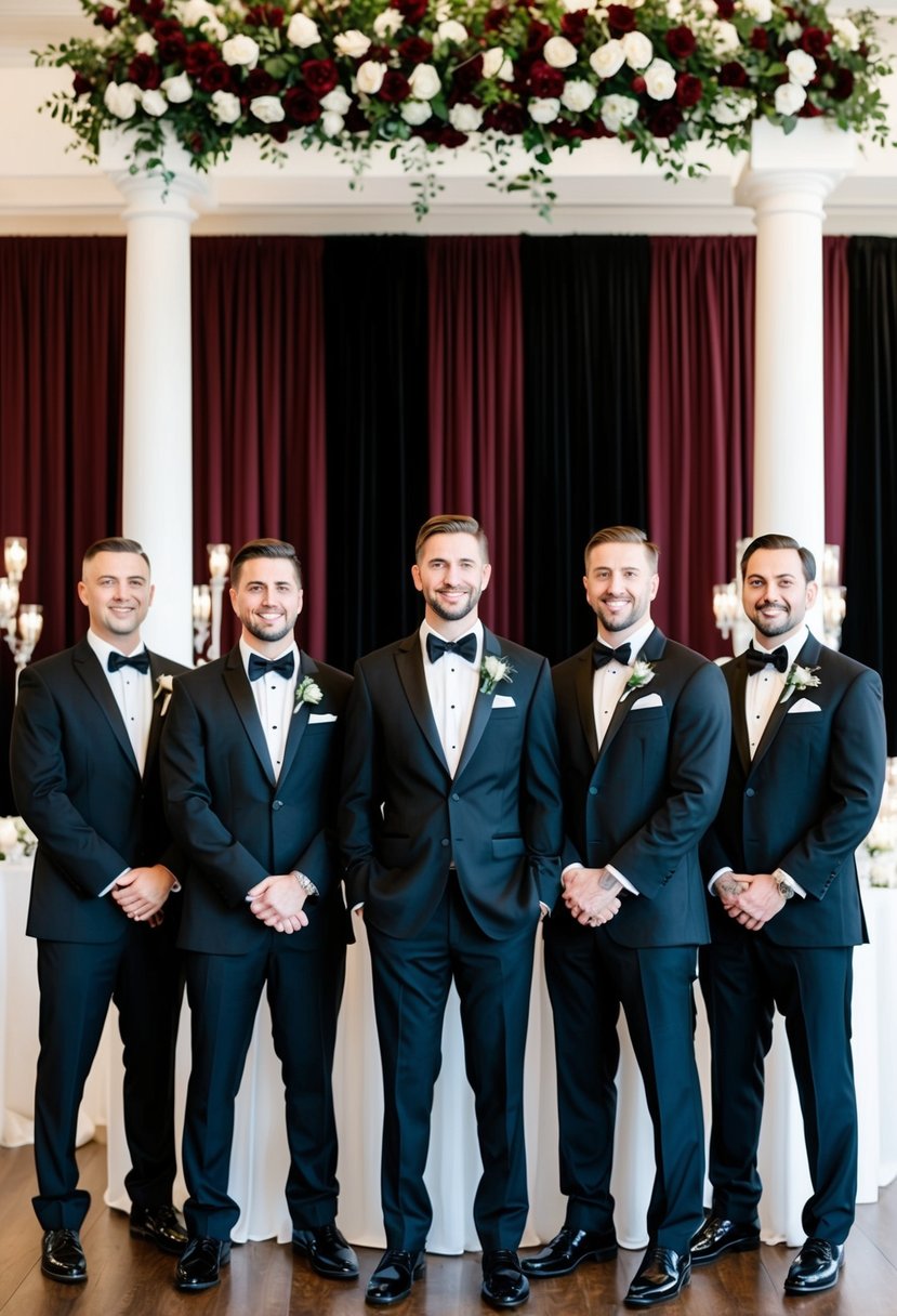 A groom and groomsmen in classic black tuxedos stand against a backdrop of burgundy and black wedding decor, creating a sophisticated and elegant scene