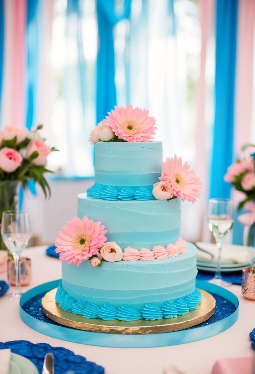 A light blue buttercream cake adorned with pink flowers sits on a table, surrounded by blue and pink wedding decor