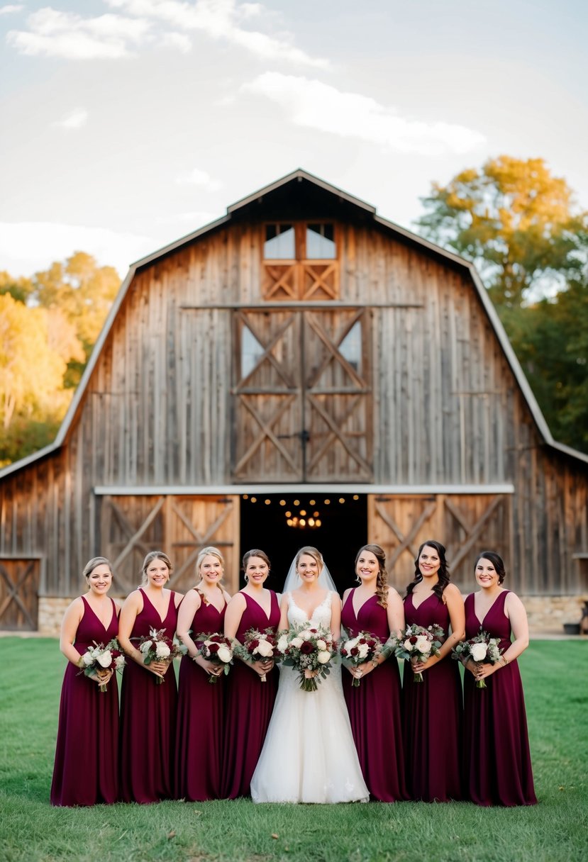 A rustic barn adorned with deep maroon bridesmaid dresses for a fall wedding