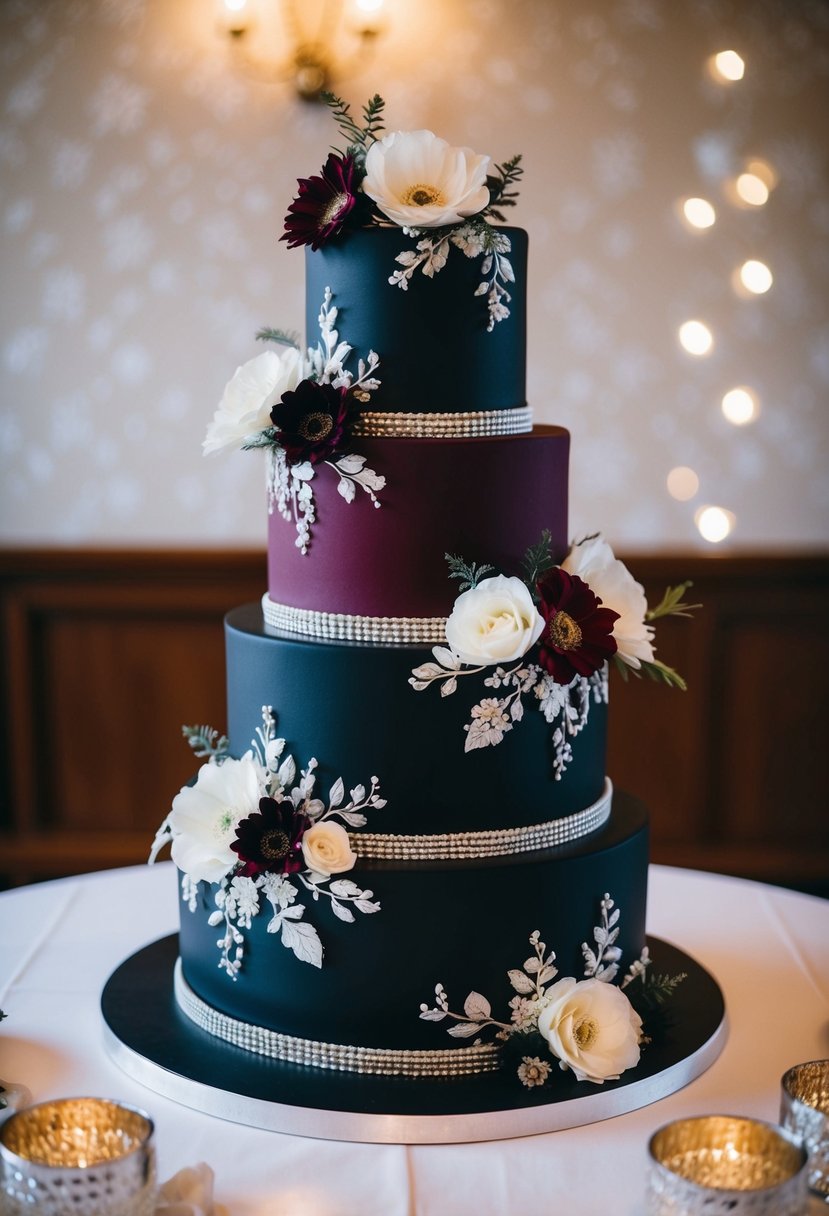 A three-tiered wedding cake with alternating layers of burgundy and black, adorned with intricate floral designs and elegant silver accents