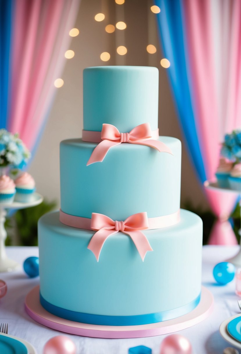 A powder blue cake adorned with pink ribbons, surrounded by blue and pink wedding decor