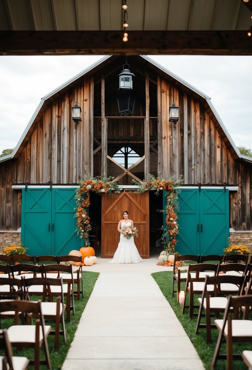 A rustic barn adorned with teal and rust-colored decor for a fall wedding