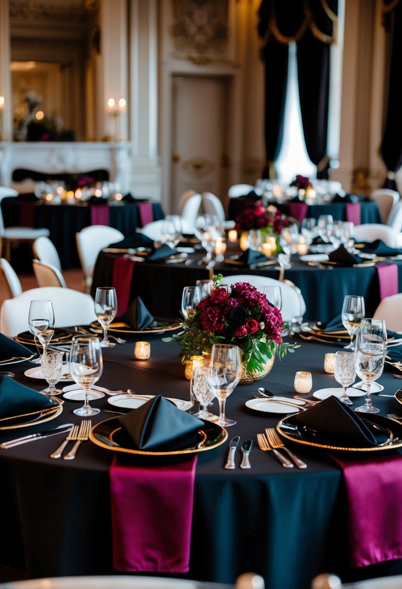 A grand table adorned with black and burgundy linens, elegant dinnerware, and shimmering glassware