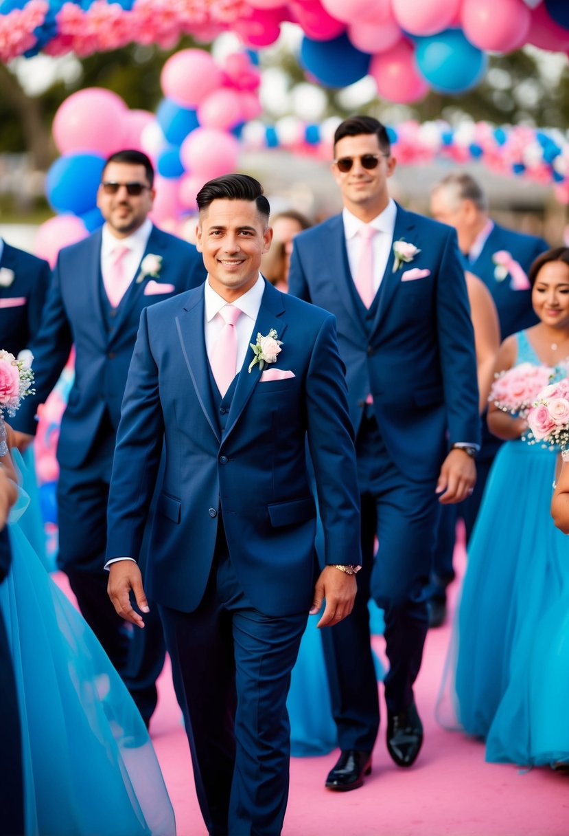 Navy suits with pink ties, surrounded by blue and pink wedding decor