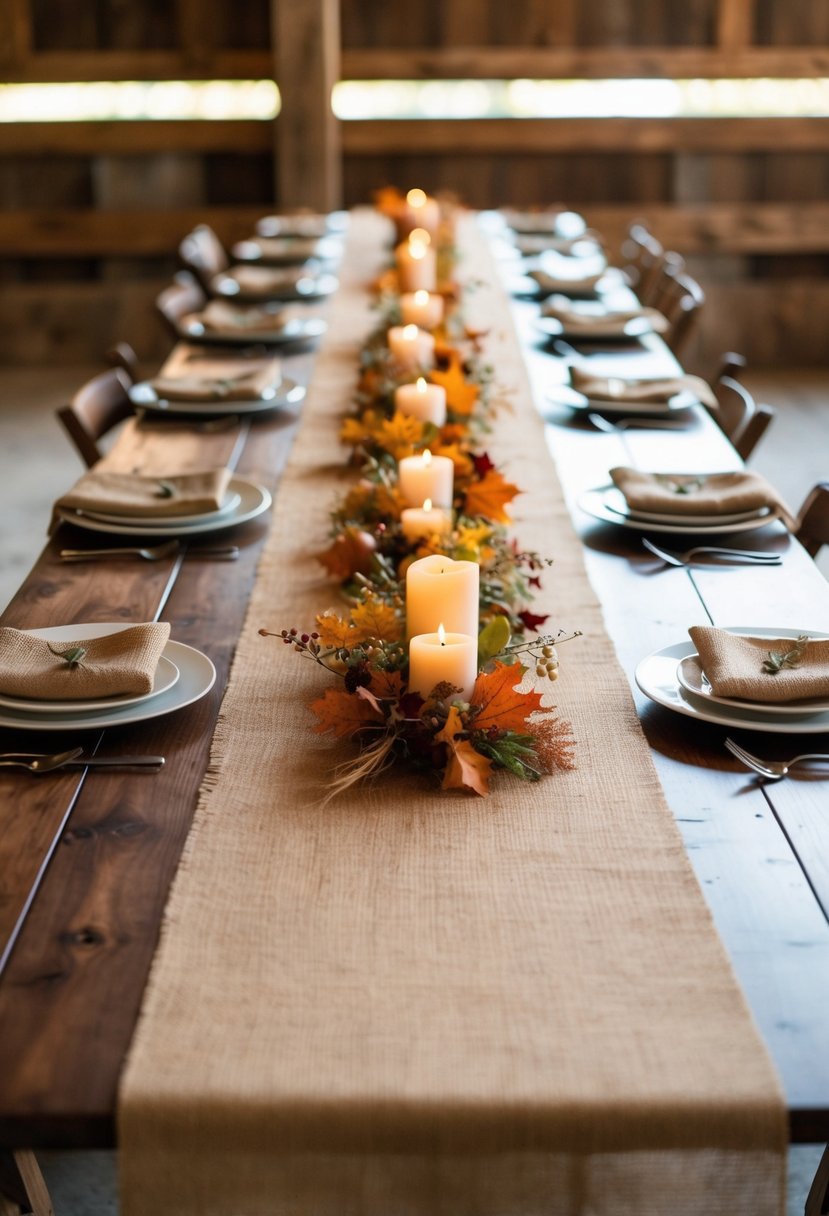 A long burlap table runner stretches across a wooden banquet table, adorned with fall foliage and rustic accents for a barn wedding