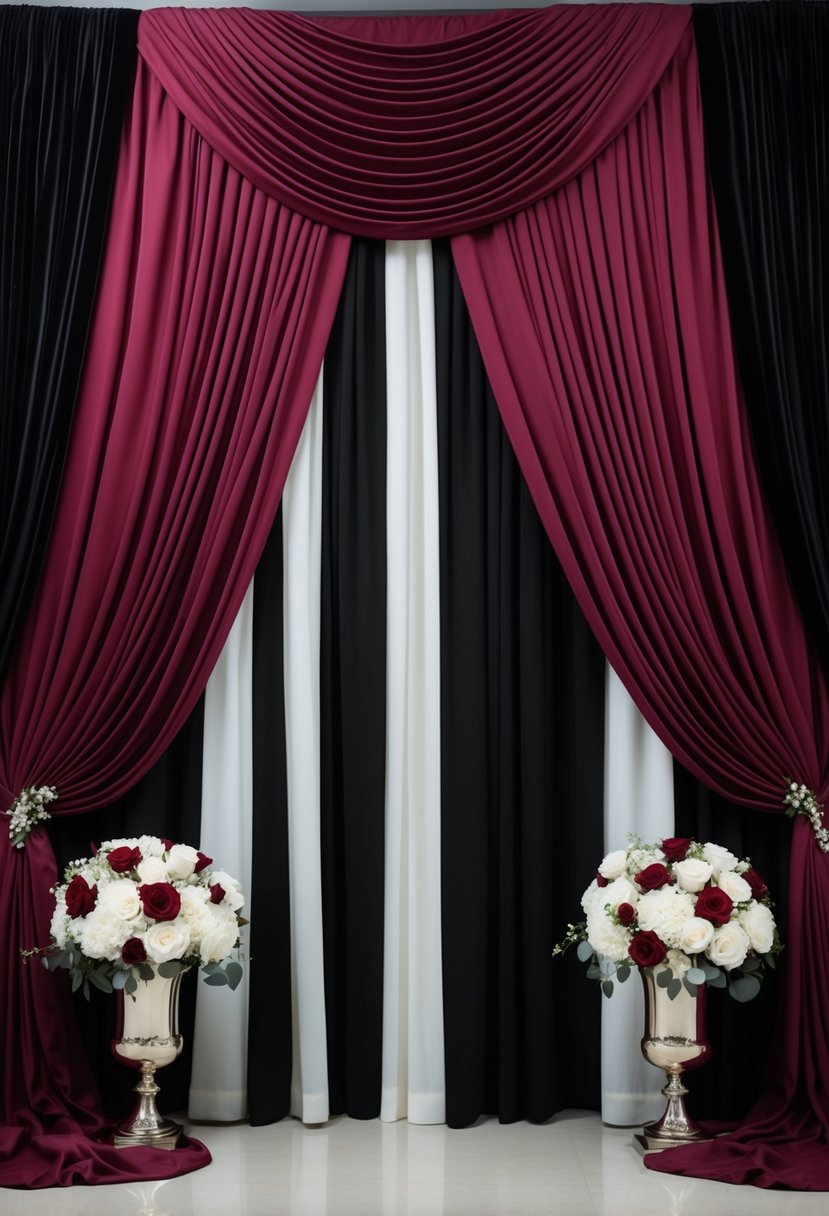 A rich burgundy draped backdrop with accents of black, creating a dramatic and elegant setting for a wedding