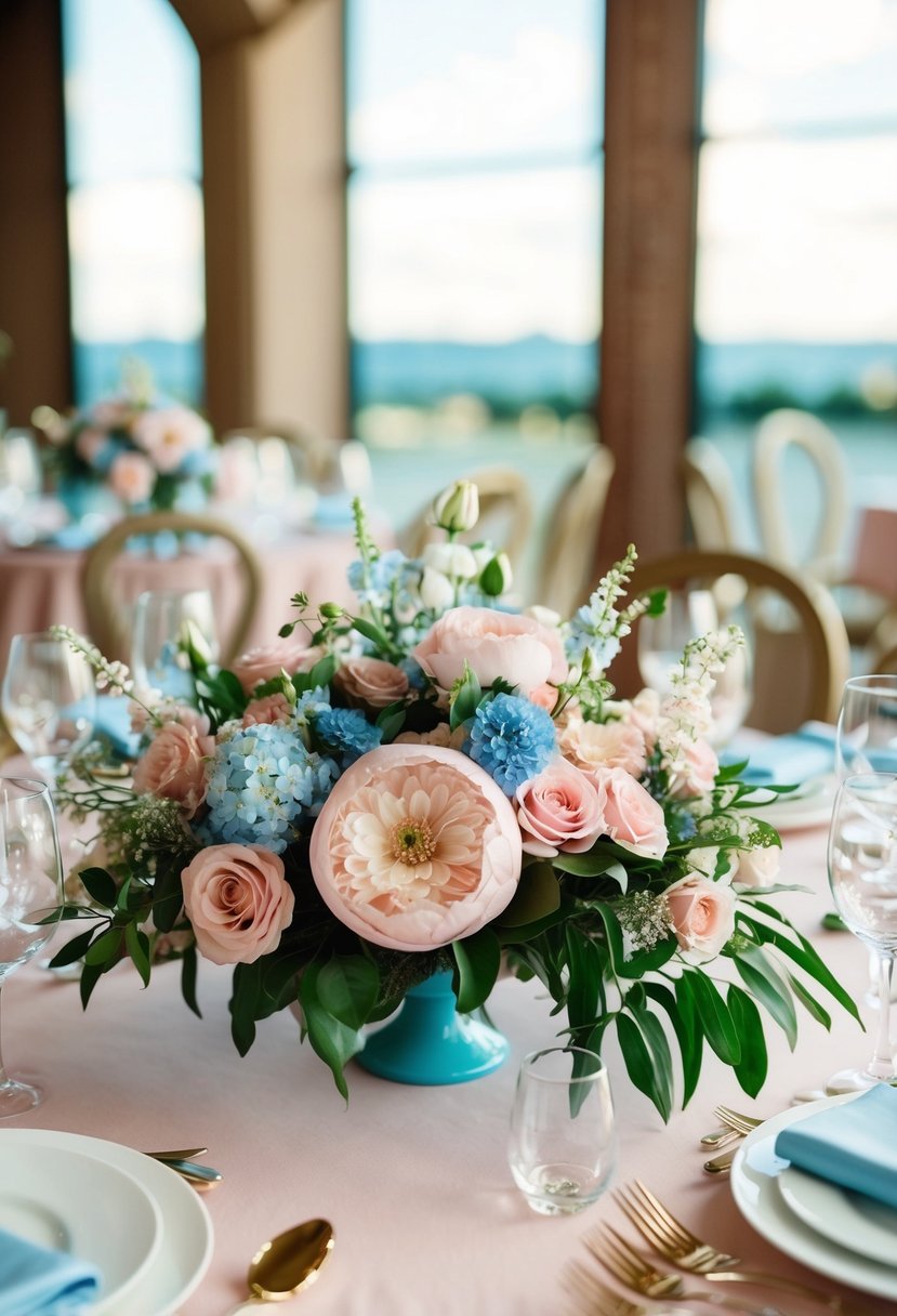 A table adorned with blush pink and sky blue floral arrangements for a wedding