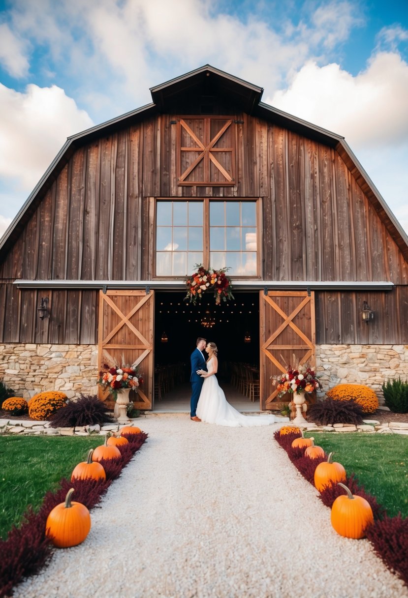 A rustic barn adorned with burgundy and orange accents for a fall wedding