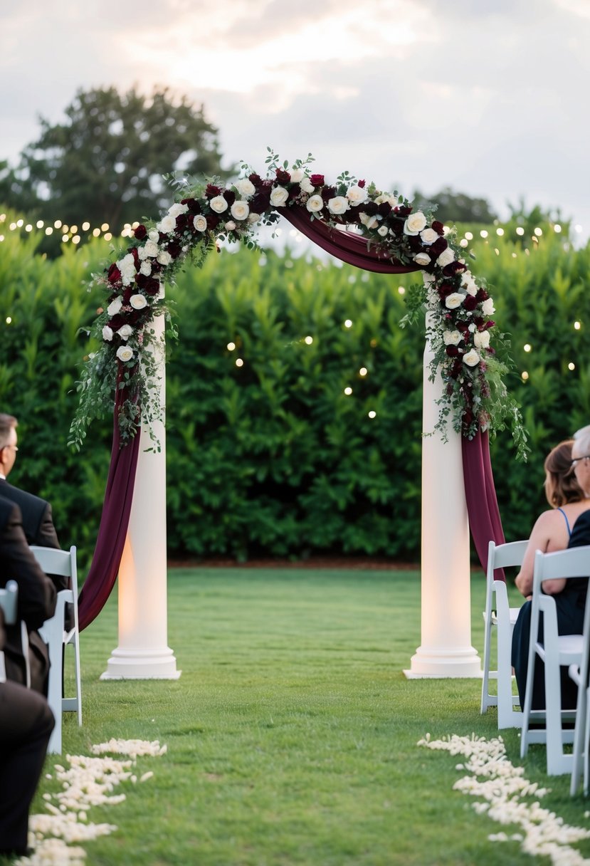 A grand ceremony arch adorned in black and burgundy flowers and drapery, set against a backdrop of lush greenery and twinkling lights