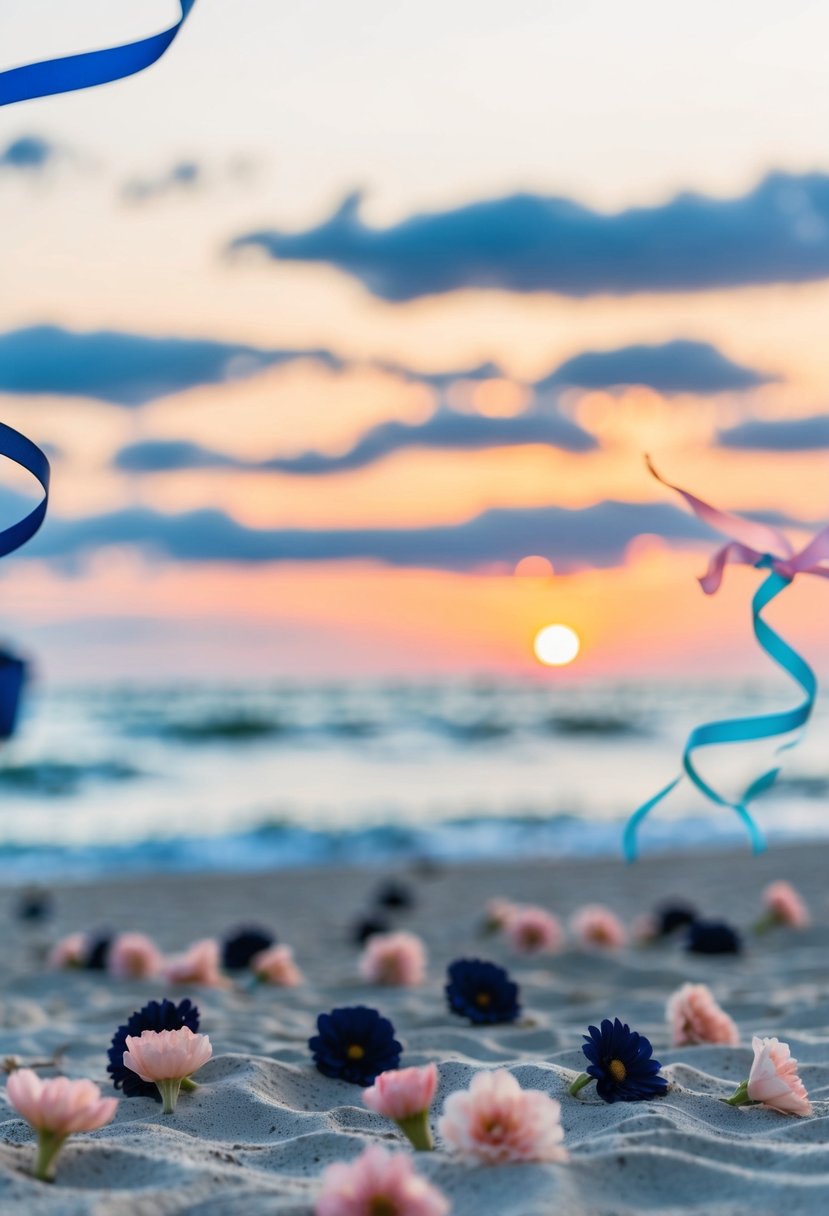 A serene beach at sunset, with navy and blush flowers scattered across the sand and a gentle ocean breeze carrying blue and pink ribbons through the air