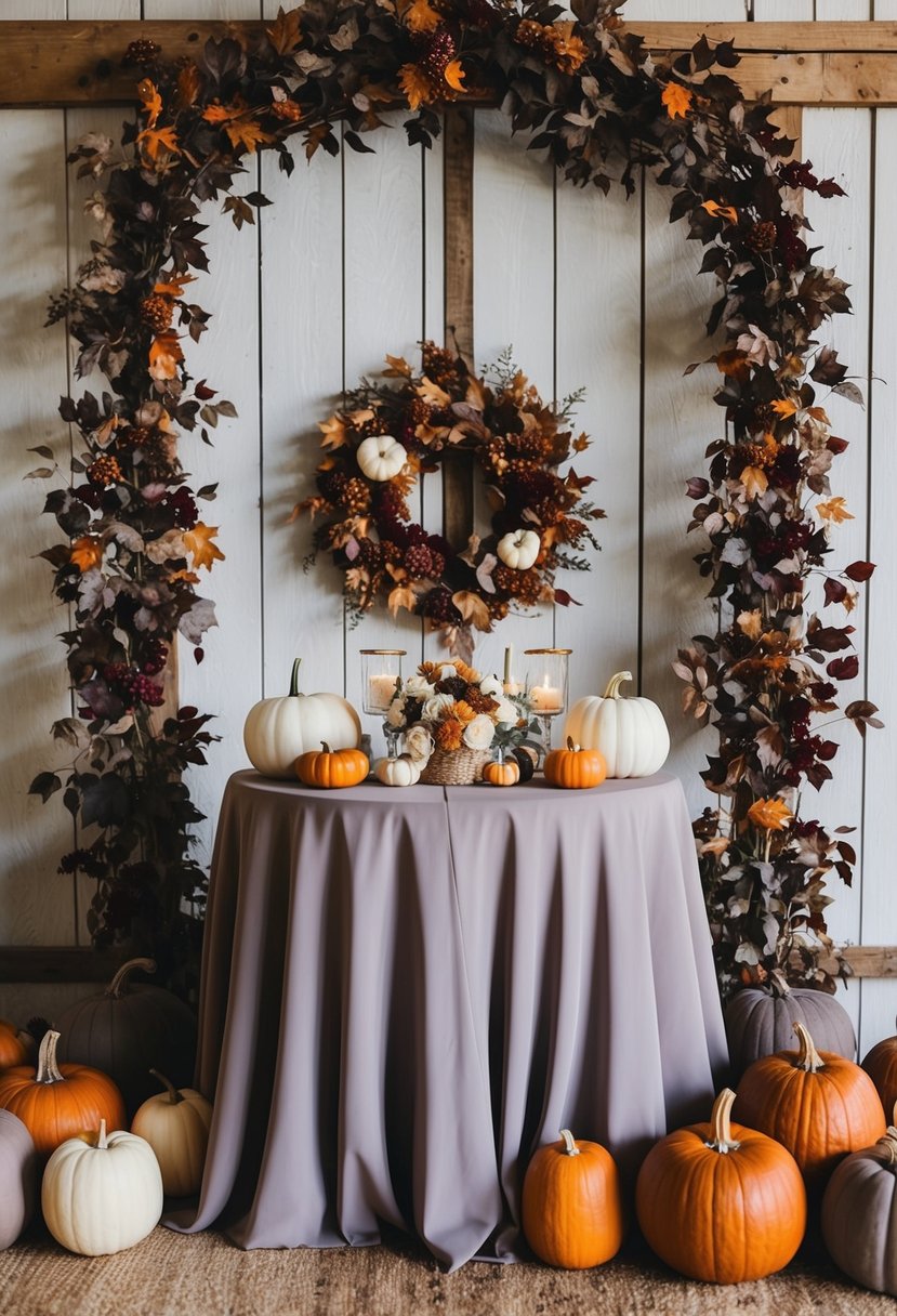 Taupe and burgundy autumn leaves, pumpkins, and rustic decor adorn a charming barn wedding setting