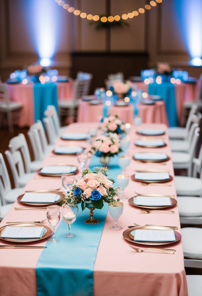 Soft pink and blue table settings arranged in a romantic wedding reception scene