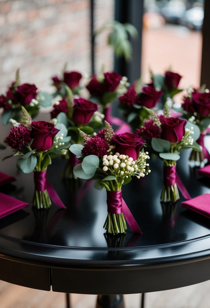 Burgundy boutonnieres arranged on a black table with burgundy accents