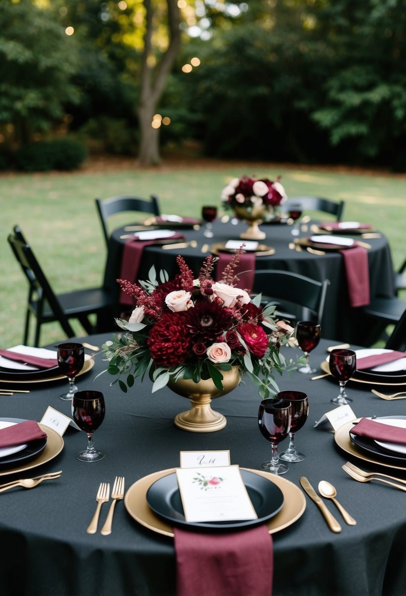 A black linen tablecloth adorned with elegant burgundy floral centerpieces and black and burgundy table settings