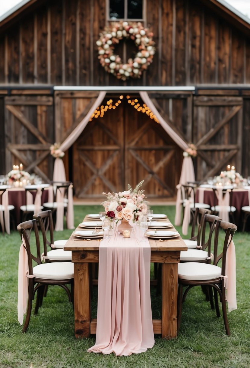 A rustic barn adorned in dusty rose and gold accents for a fall wedding