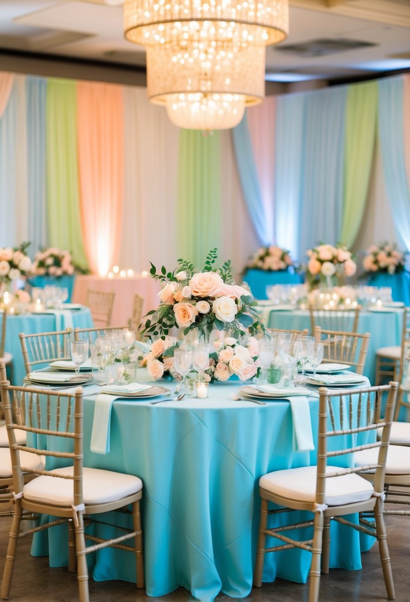 A peach, green, and sky blue decorated wedding reception with floral centerpieces and pastel accents