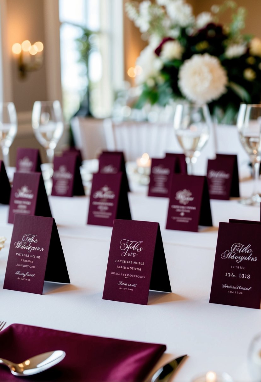 Burgundy and black place cards arranged on a table with elegant wedding decor