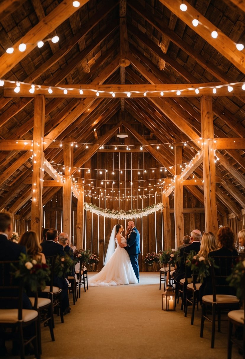 Warm fairy lights twinkle under the rustic wooden rafters of a barn, creating a cozy and romantic atmosphere for a fall wedding