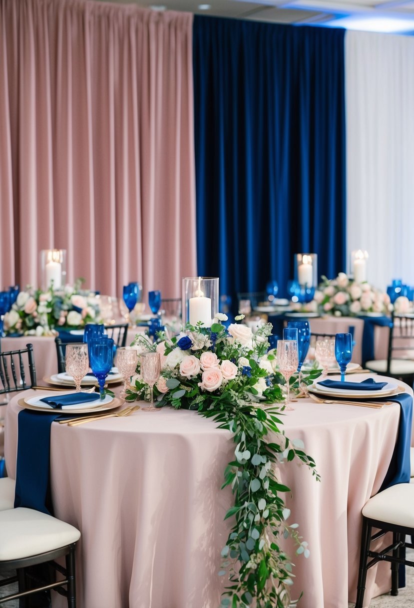 A wedding reception with dusty rose and navy backdrops, featuring blue and pink floral arrangements and decor