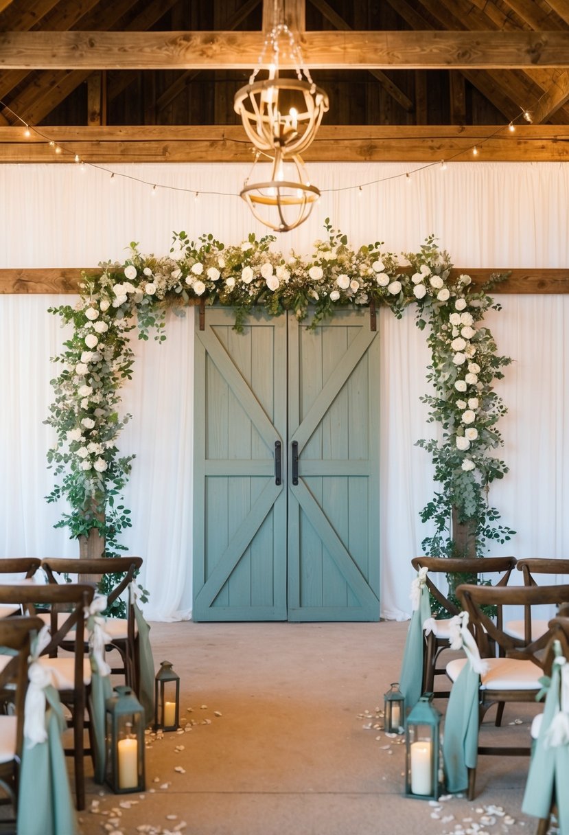 A rustic barn adorned with sage green and white decor for a fall wedding