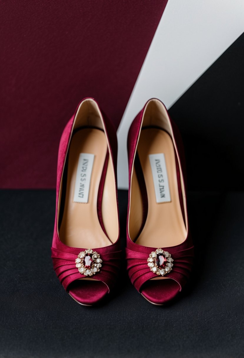 A pair of stylish burgundy shoes against a black and burgundy wedding color palette