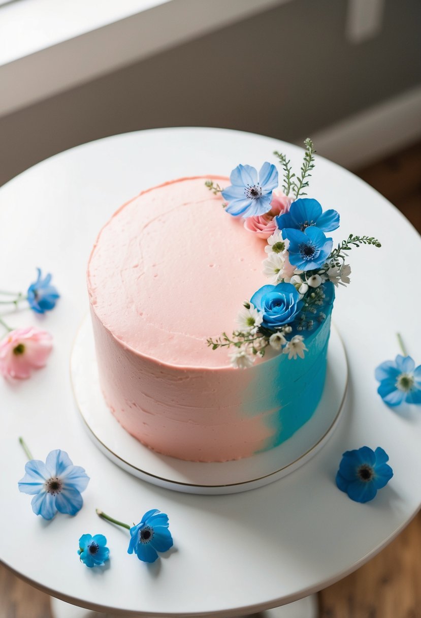 A Blush Pink Ombré Cake with Blue Accents sits on a white table, surrounded by delicate blue and pink flowers