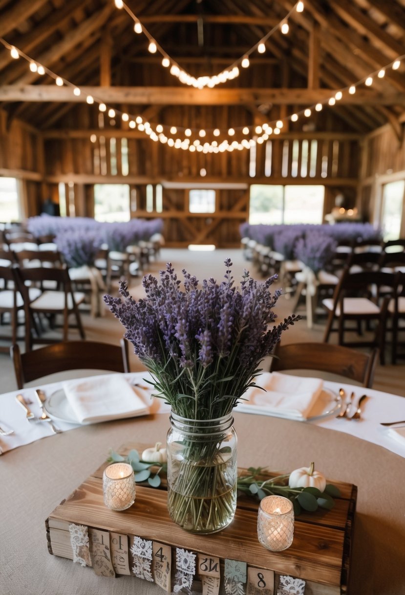 A rustic barn adorned with lavender and wood decor for a fall wedding