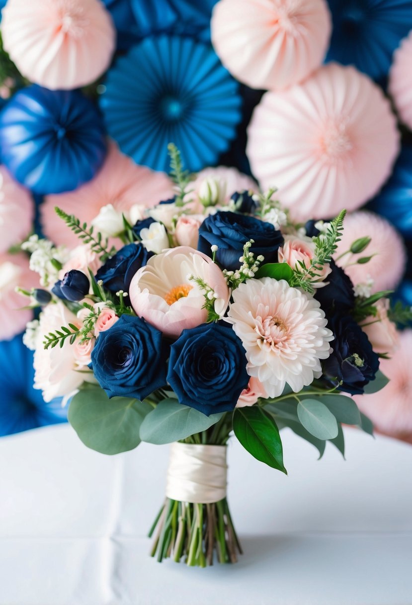 A beautiful bridal bouquet featuring navy and blush pink flowers, set against a backdrop of blue and pink wedding decor