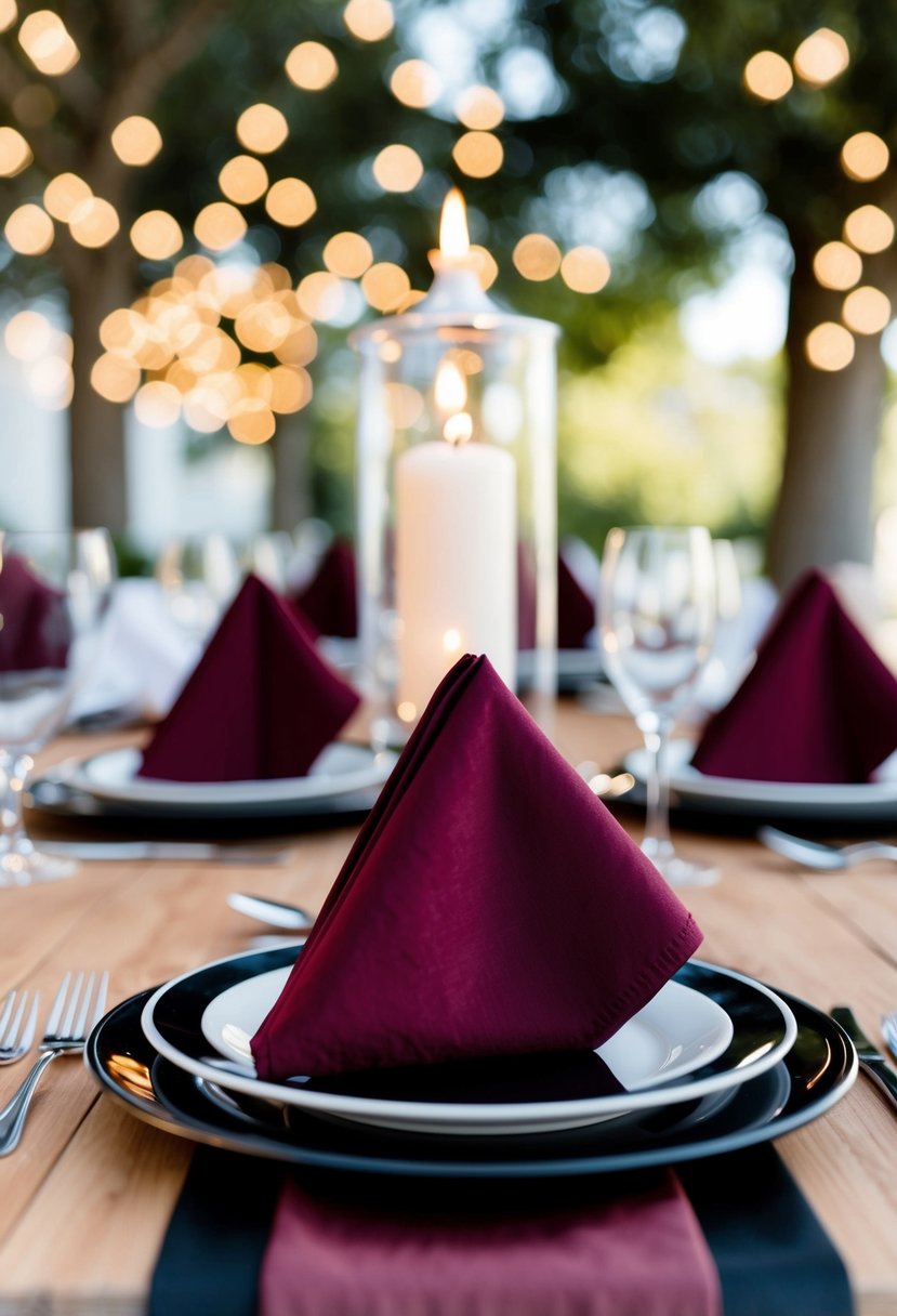 A table set with black and burgundy napkins, complementing a sophisticated wedding color scheme