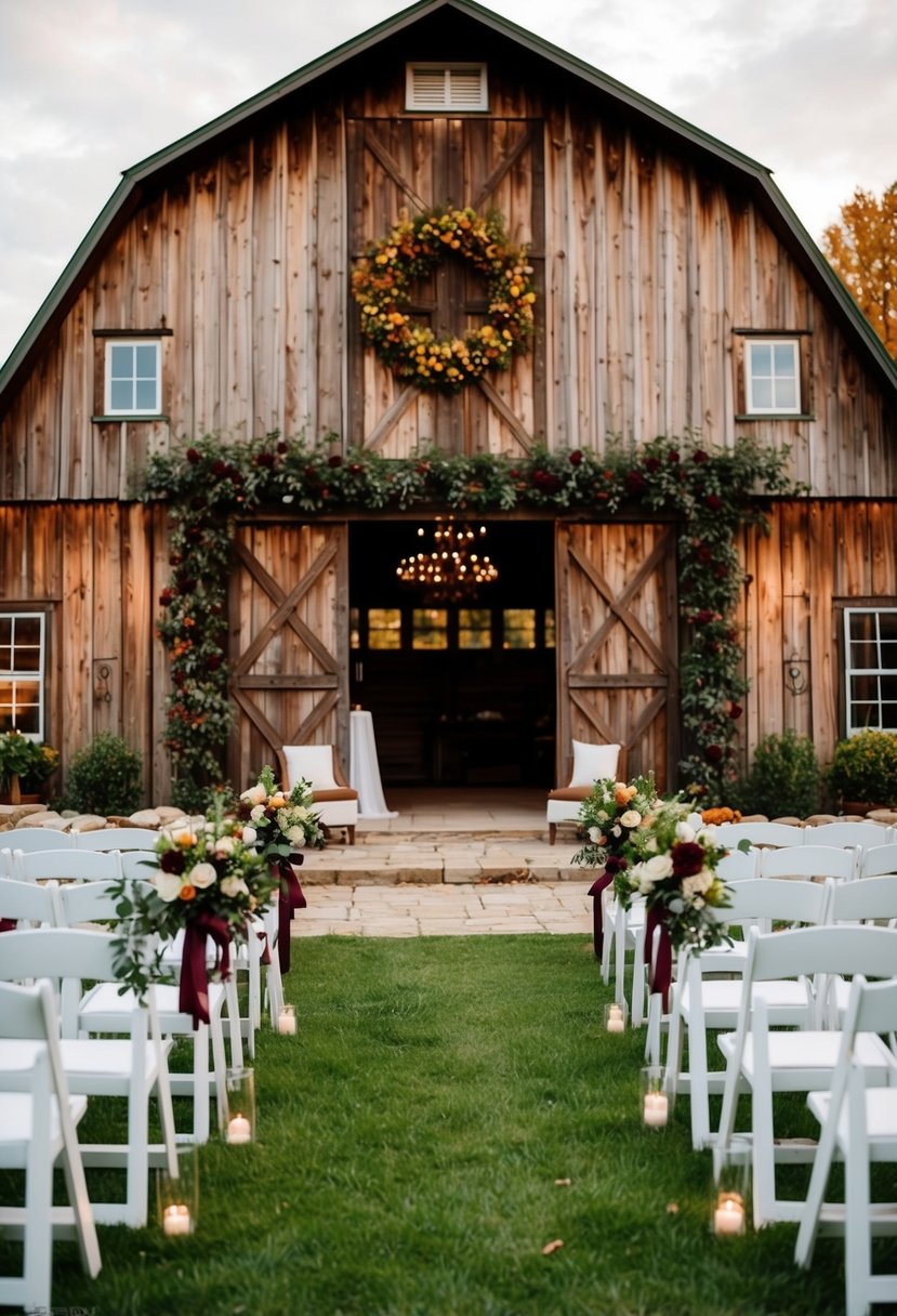 A rustic barn adorned with green and maroon decorations for a fall wedding