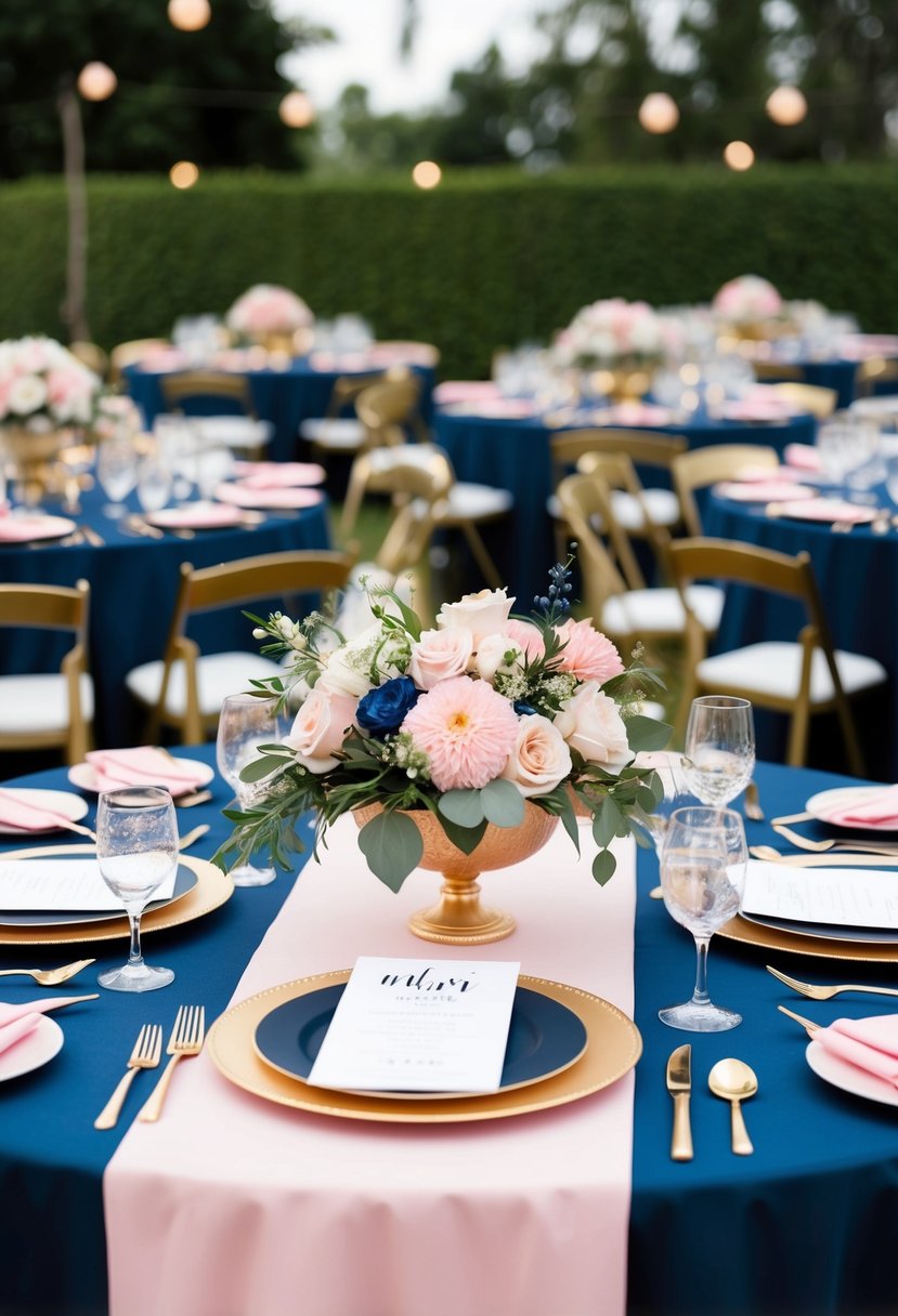 A navy and pink wedding table adorned with gold accents and floral arrangements