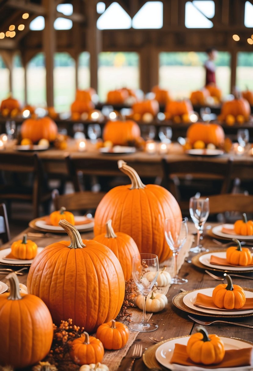 A rustic barn setting with pumpkin centerpieces in autumn colors for a fall wedding