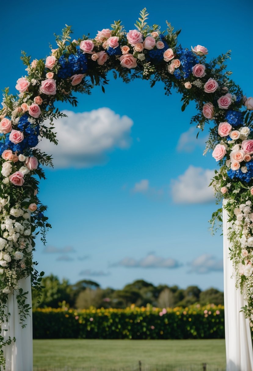 A wedding arch adorned with pink and blue flowers, set against a backdrop of lush greenery and a clear blue sky