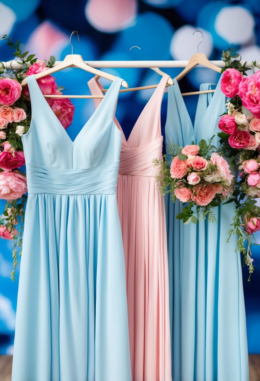 Powder blue bridesmaid dresses hanging next to pink floral arrangements, set against a backdrop of a blue and pink wedding color palette