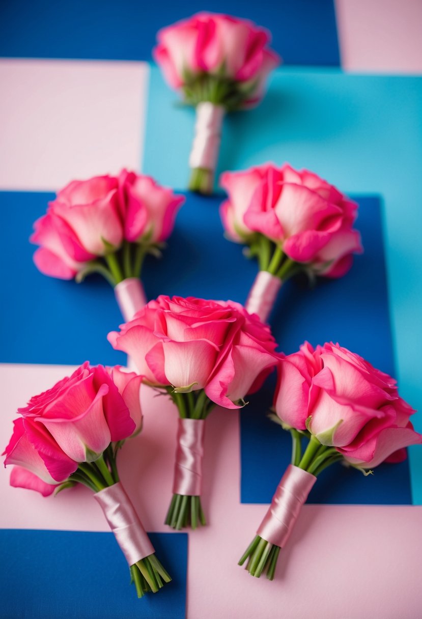 Pink boutonnieres arranged on a blue and pink wedding color palette