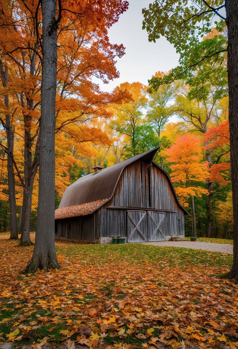 A rustic barn nestled among vibrant autumn trees, with colorful leaves covering the ground