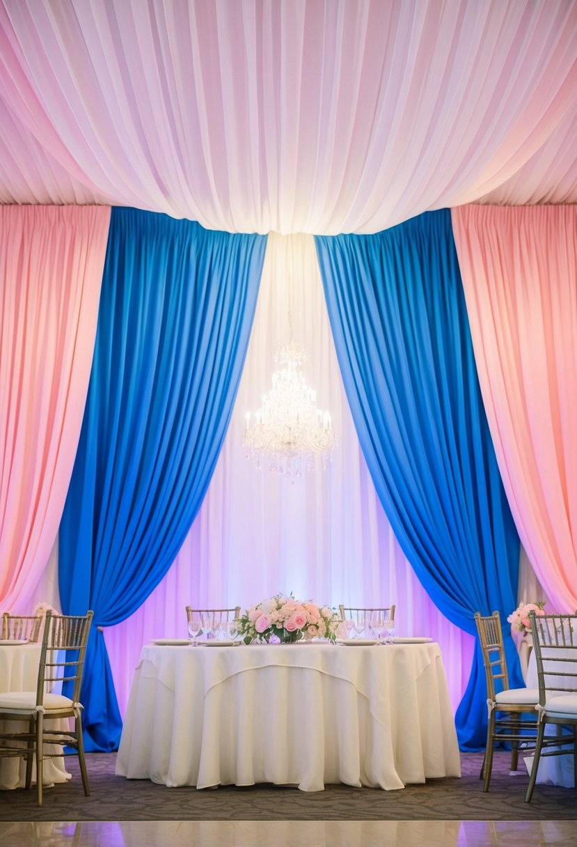 Pink and blue drapes hang elegantly in a wedding reception, creating a soft and romantic atmosphere