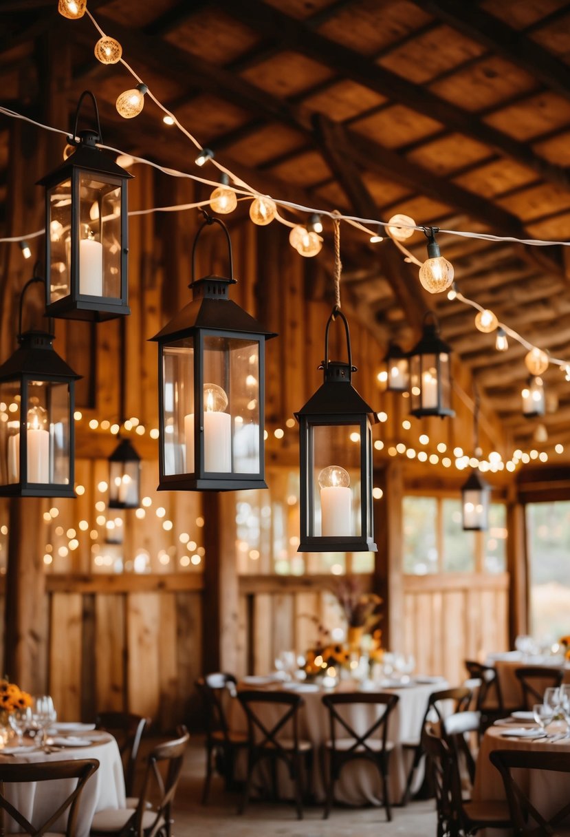 A rustic barn adorned with classic lanterns in warm fall colors for a cozy wedding atmosphere