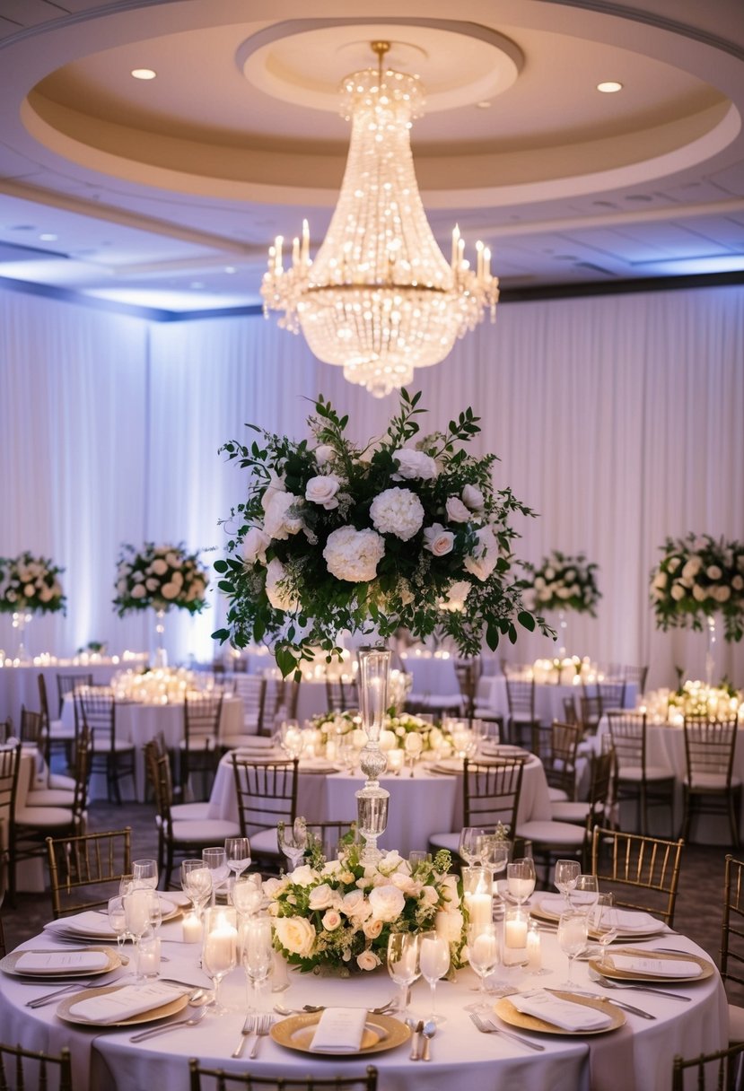 An elegant white wedding reception with cascading floral centerpieces, candlelit tables, and a grand chandelier overhead