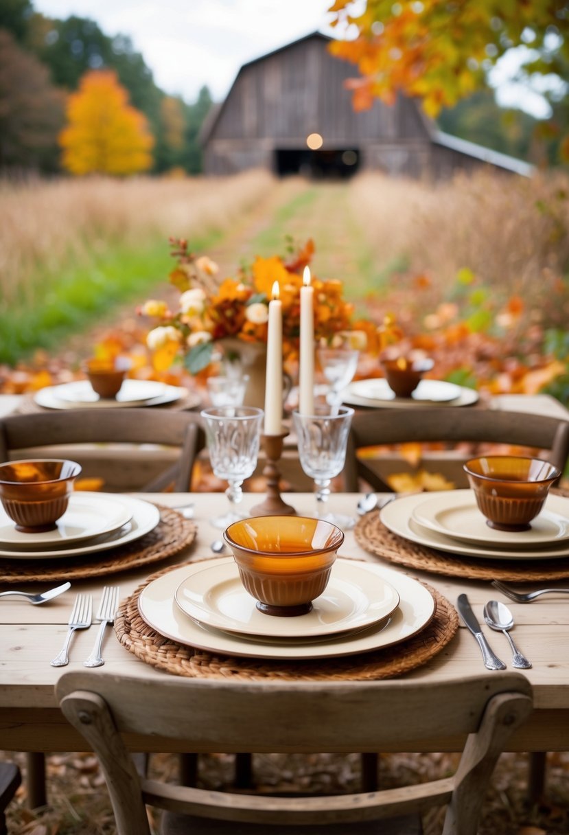 A rustic barn setting with cream and brown tableware, surrounded by autumn foliage