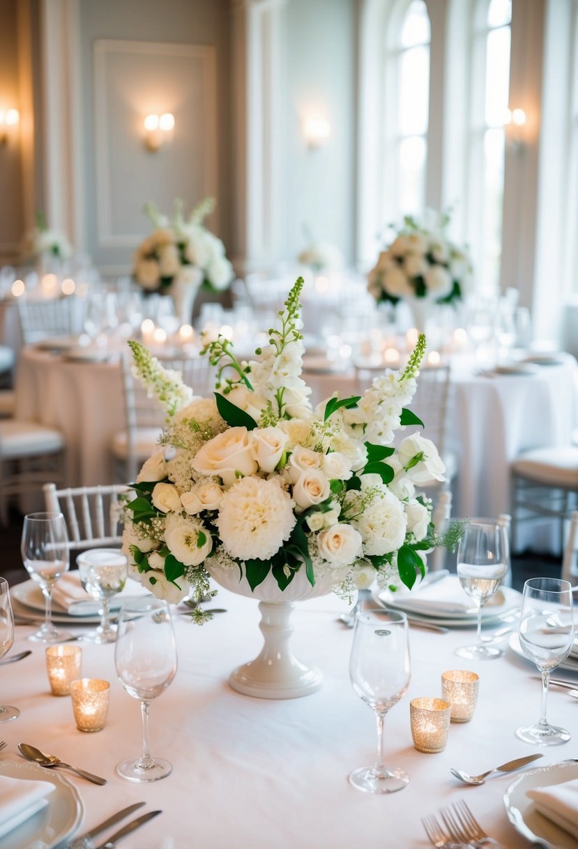 Elegant white floral centerpieces adorn a pristine wedding table