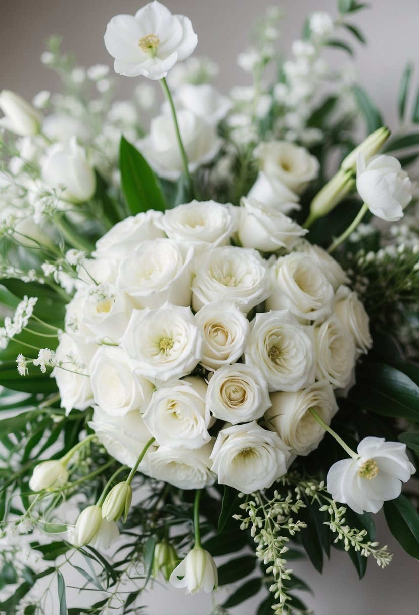 A pristine white bridal bouquet surrounded by delicate white flowers and greenery, creating an elegant and timeless wedding atmosphere