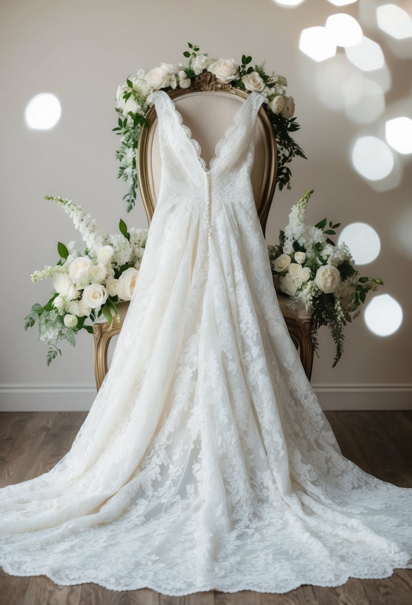 An ivory lace wedding gown draped over a vintage chair, surrounded by delicate white flowers and elegant decor