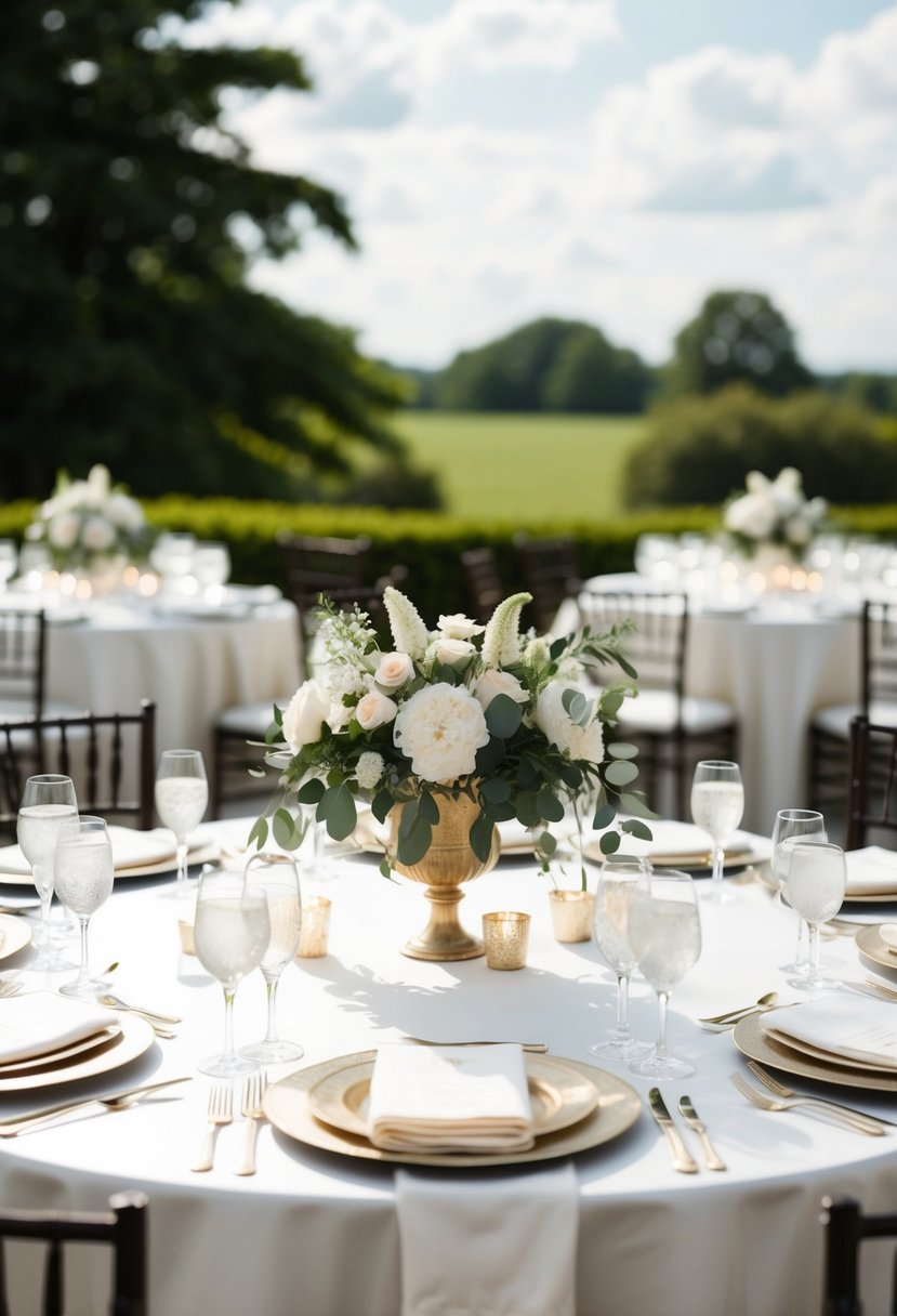 A table set with white silk linens for an elegant wedding